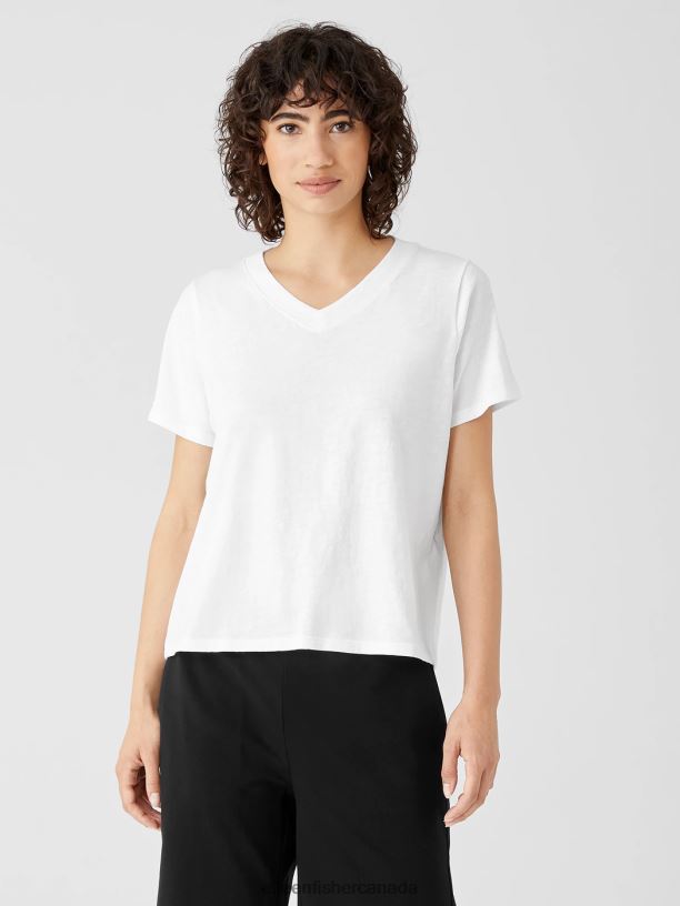 EILEEN FISHER Organic Cotton Slub V-Neck Tee Easy Fit Short Length Women WHITE Clothing 024FN343