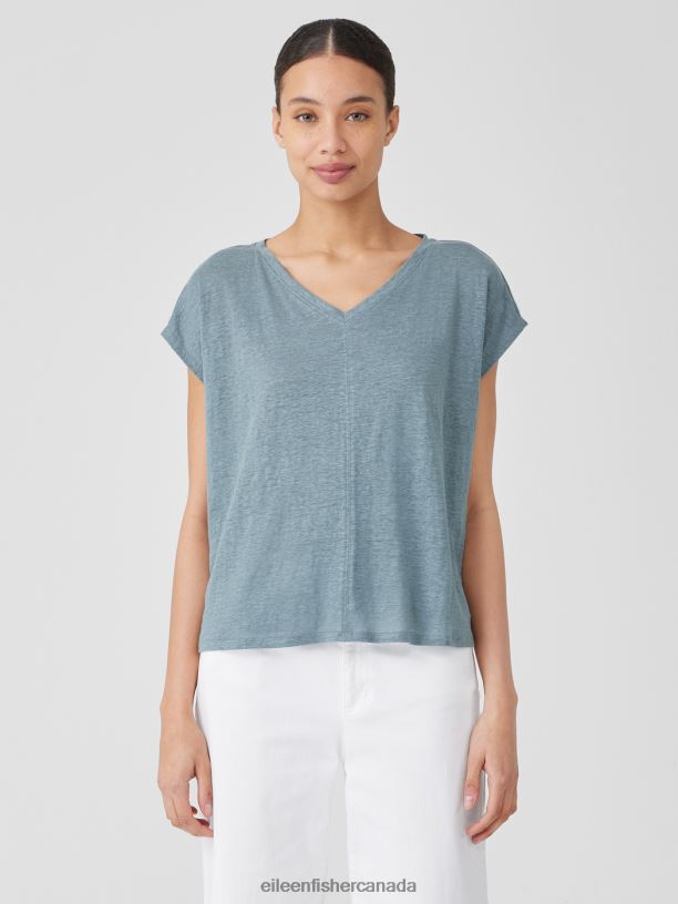 EILEEN FISHER Organic Linen Jersey V-Neck Tee Boxy Fit Basic Length Women BLACK Clothing 024FN117