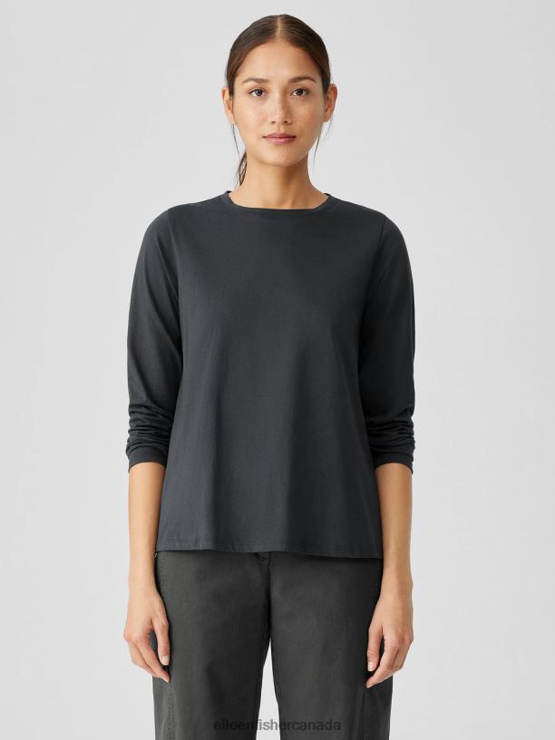 EILEEN FISHER Organic Pima Cotton Jersey Long-Sleeve Tee Easy Fit Basic Length Women BLACK Clothing 024FN143