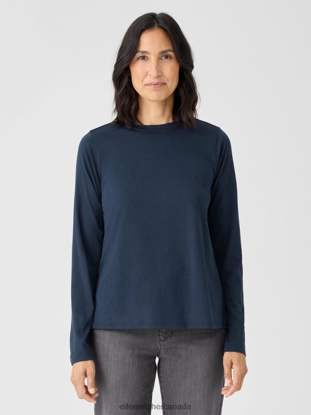 EILEEN FISHER Organic Pima Cotton Jersey Long-Sleeve Tee Easy Fit Basic Length Women DEEP ADRIATIC Clothing 024FN333