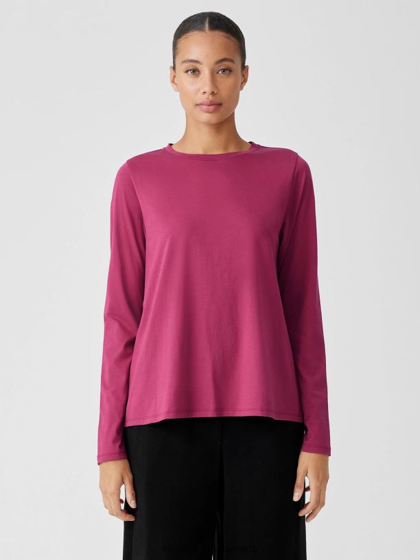 EILEEN FISHER Organic Pima Cotton Jersey Long-Sleeve Tee Easy Fit Basic Length Women MAGENTA Clothing 024FN335