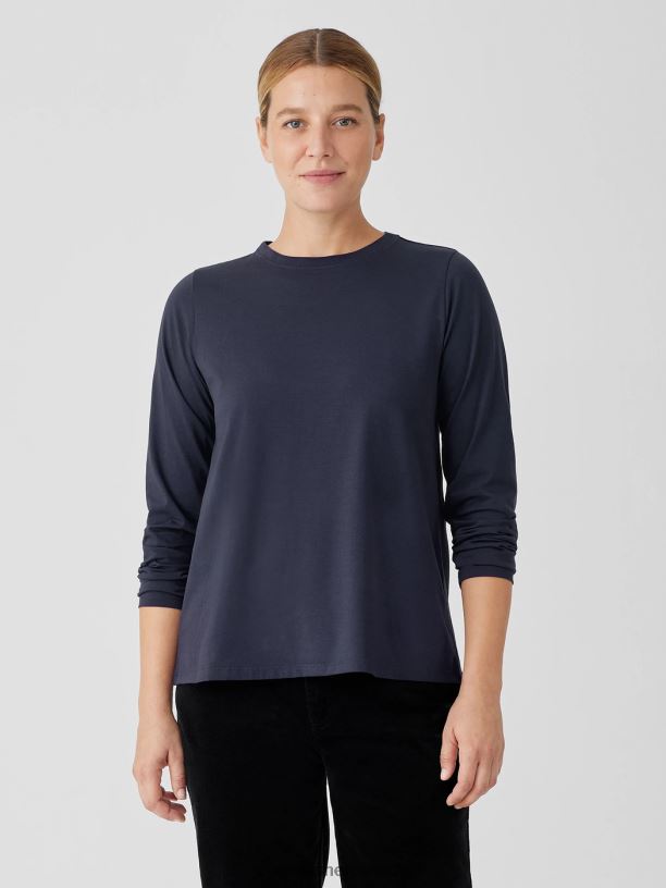 EILEEN FISHER Organic Pima Cotton Jersey Long-Sleeve Tee Easy Fit Basic Length Women NOCTURNE Clothing 024FN332