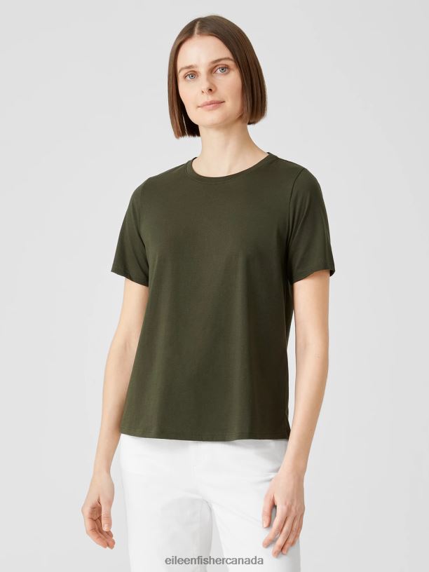 EILEEN FISHER Organic Pima Cotton Jersey Round Neck Tee Easy Fit Basic Length Women SEAWEED Clothing 024FN317