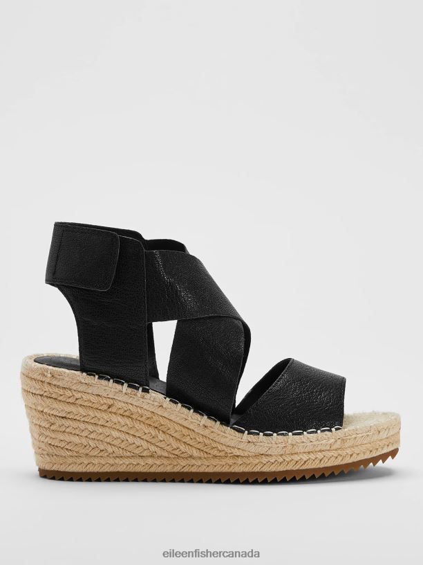 EILEEN FISHER Willow Tumbled Leather Wedge Espadrille Women BLACK Shoes 024FN1053