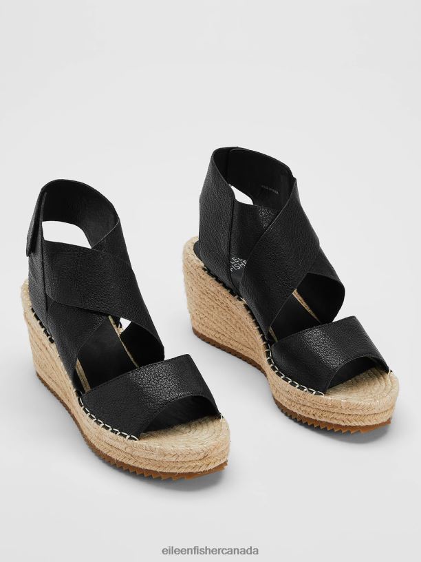 EILEEN FISHER Willow Tumbled Leather Wedge Espadrille Women BLACK Shoes 024FN1053